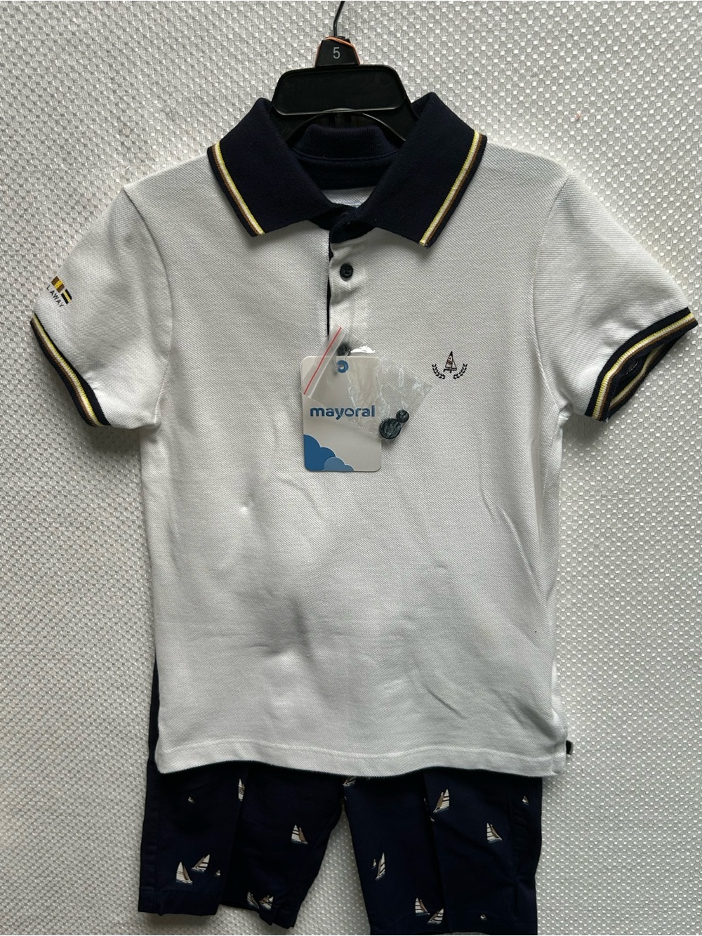 Mayoral Set w White Polo w Navy & Yellow Trim & Navy Sailboat shorts. NWT Size 5 - Picture 8 of 8